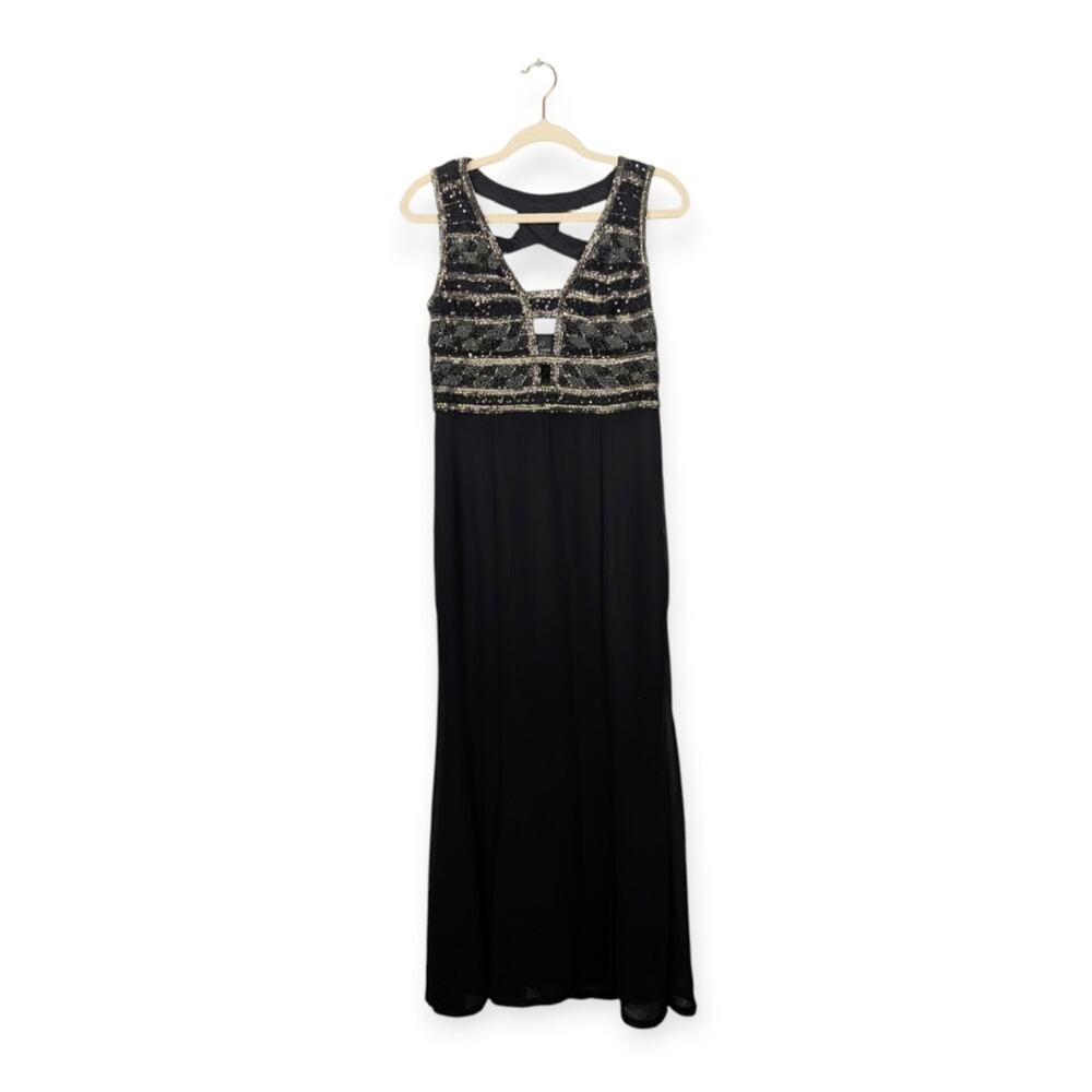 Adrianna Papell Evening Gown 10 Black Beaded Sleeveless Chiffon Formal Elegant